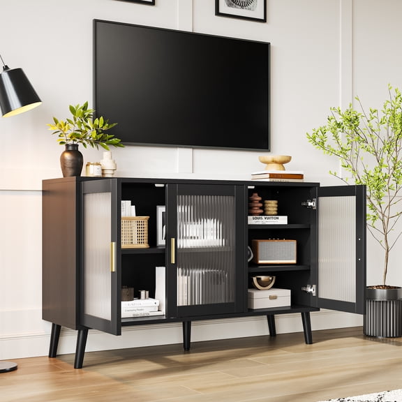 48" Buffet Sideboard Storage Cabinet - 3 Fluted Glass Doors, Adjustable Shelves - Coffee Bar/Entryway Console for Kitchen, Dining & Living Room - Black