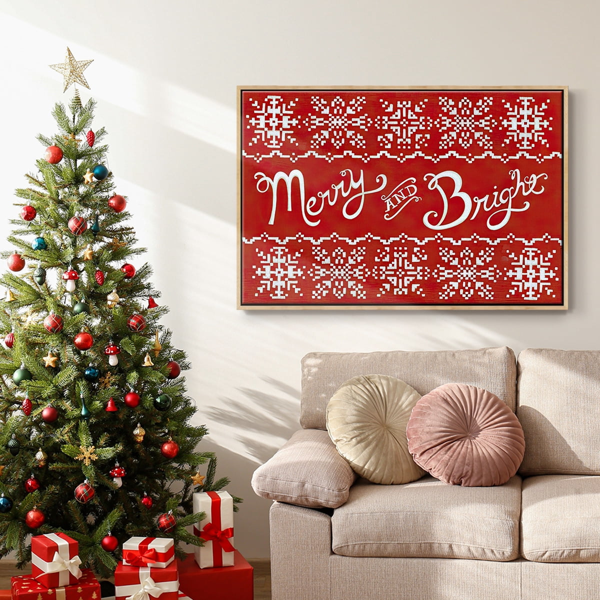 Fair Isle Snowflake I - Framed Gallery Wrapped Holiday Canvas - 27 x 41 - Natural Wood Frame