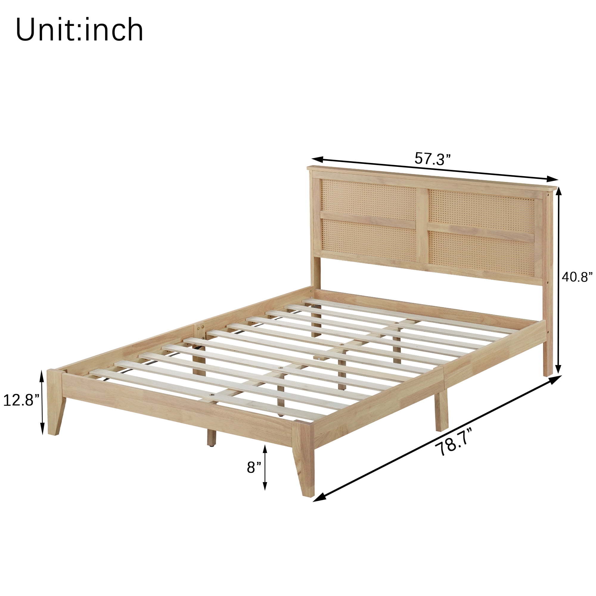 Full Size Solid Wood Bed with Rattan Headboard, Rubber Wood Bed Frame with Central Support Beams and 8 Inch Underbed Storage for Bedroom, Natural, 78.7x57.3x40.8 Inch