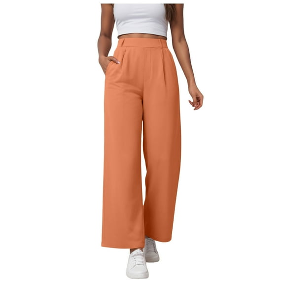 felwors Women Office Wide High Waist Pants Loose Fit Elastic Waist Pleated Front Trousers for Work Casual Orange, XXXL