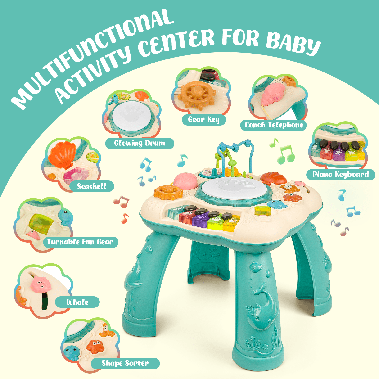 Infant Musical Learning Table, Toddler Activity Table Interactive Toys, Baby Busy Board Educational Learning Toy with Lights and Music, for 6 to 12-18 Months Boys Girls Preschool Gifts