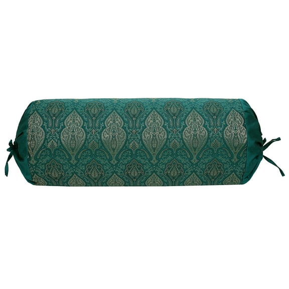 Stylo Culture Indian Decorative Brocade Bolster Pillow Cover Emerald Green Floral Jacquard Weave Round Neck Pillow Traditional Damask Cylindrical Cushion Cover - (76x38 cm) | 1 Pc (Cover Only)