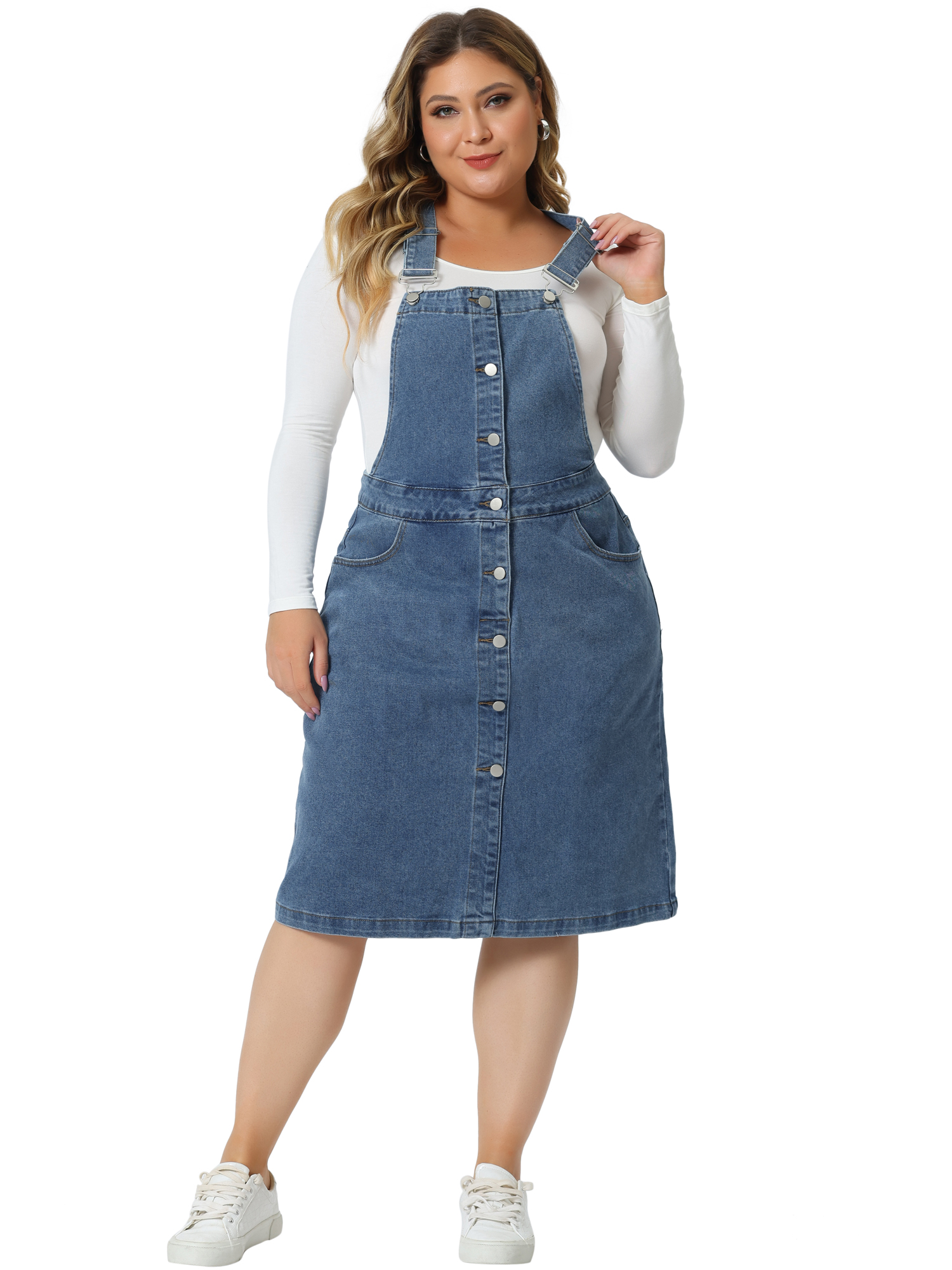 DARING DIVA Plus Women's Size Denim Button Front Adjustable Strap Skirt 2X Gray Blue