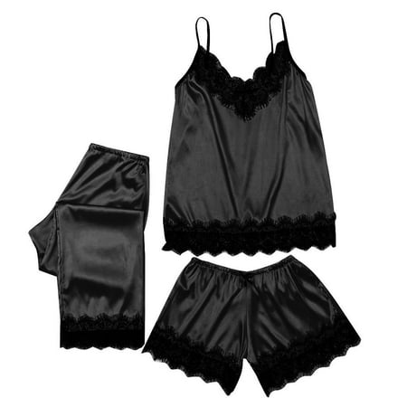 

Lingerie For Women Sexy Naughty 3Pc Camisole Pajamas Trousers Lace Casual Bow Satin Sleepwear