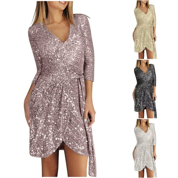 Lovskoo Wedding Guest Dresses for Women Evening Gown Trendy Casual V-Neck Solid Slim Sequin Dress Long Sleeved Cocktail Dresses 2023 Black