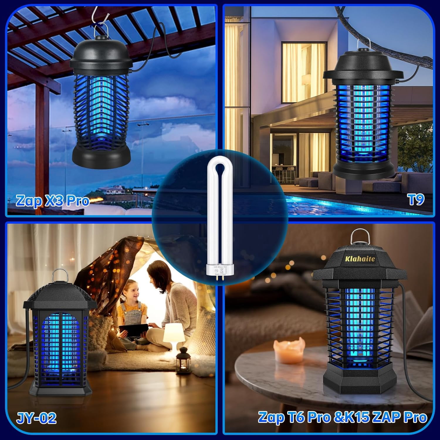 Replacement Light Bulb Bug Zapper 15W Bulbs for K15, X3,T6, T8, T9 Outdoor 4-Pin Base U Shaped Twin Tube Mosquito Zapper, 2 Pack