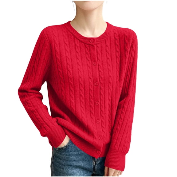 Naotn Women Crew Neck Cable Knit Cardigan Sweaters Solid Color Long Sleeve Button Up Pullover Loose Fall Winter Tops