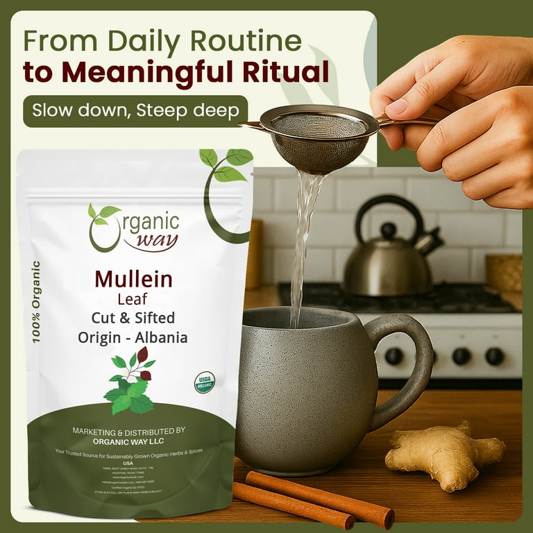 Organic Way Mullein Leaf (Verbascum Thapsus) Cut & Sifted - Herbal Tea | European Wild-Harvest | Organic & Kosher Certified | Non GMO & USDA Certified | Origin - Albania (2 oz)