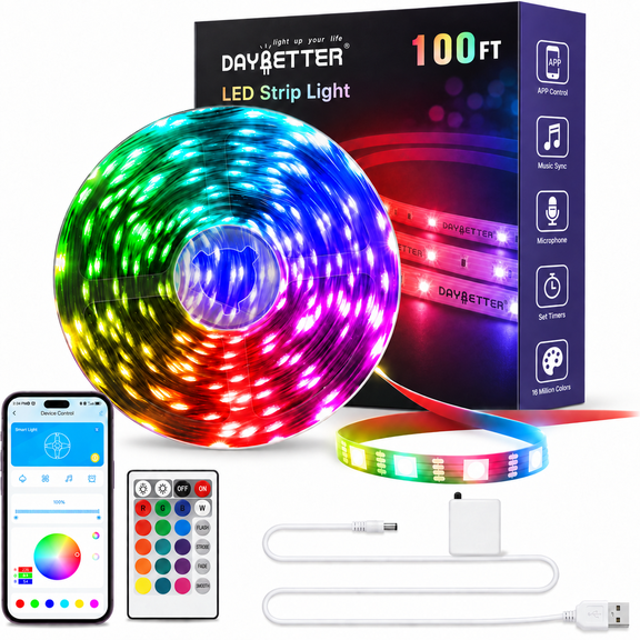 DAYBETTER LED Strip Lights 100FT, USB Powered RGB Color Changing Light Strips with App & Remote Control, Music Sync, Timer LED Lights for Bedroom, Party and Home Decoration