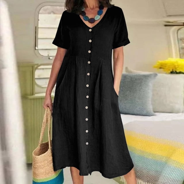 WILLBEST Robe Basse en Lin pour Femmes Robes Longues d'Été avec Poches