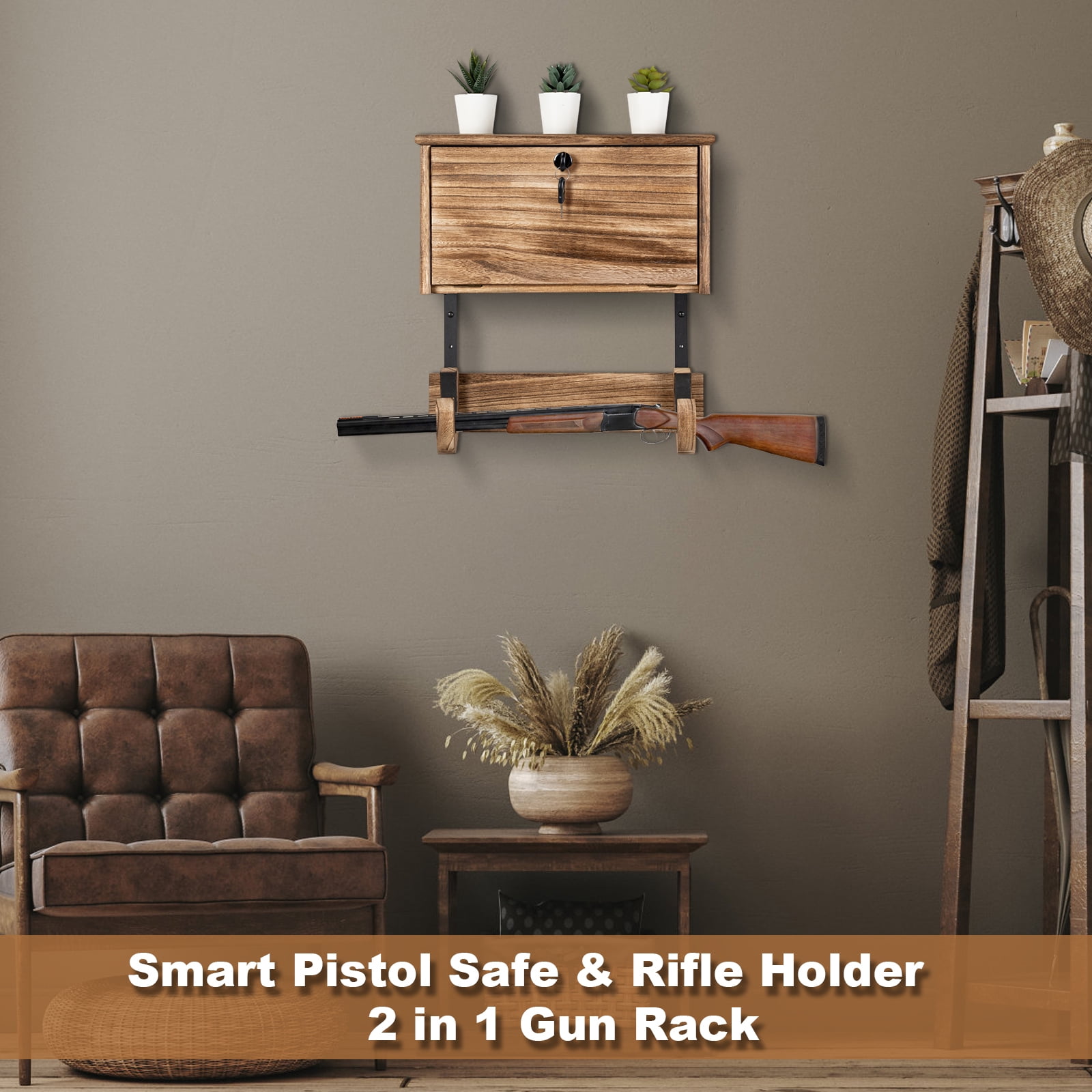 Gun Rack Wall Mount Hold Up Displays, Horizontal Gun Racks for Wall, Gun Hardwood Hanger, brown