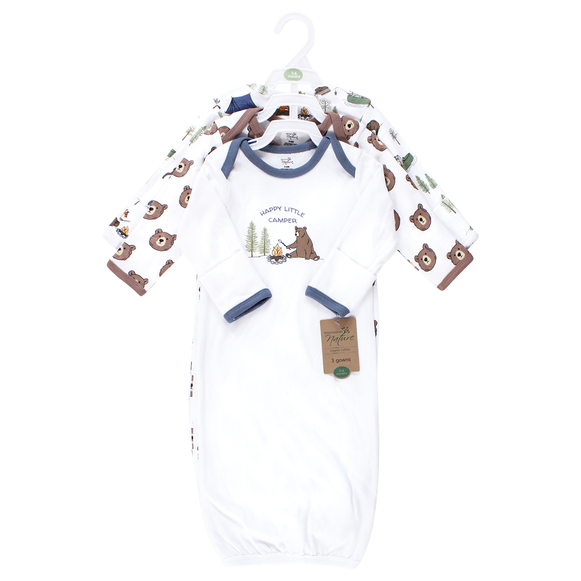 Touched by Nature Infant Boys Organic Cotton Gowns, Camping Animals, Preemie-Newborn