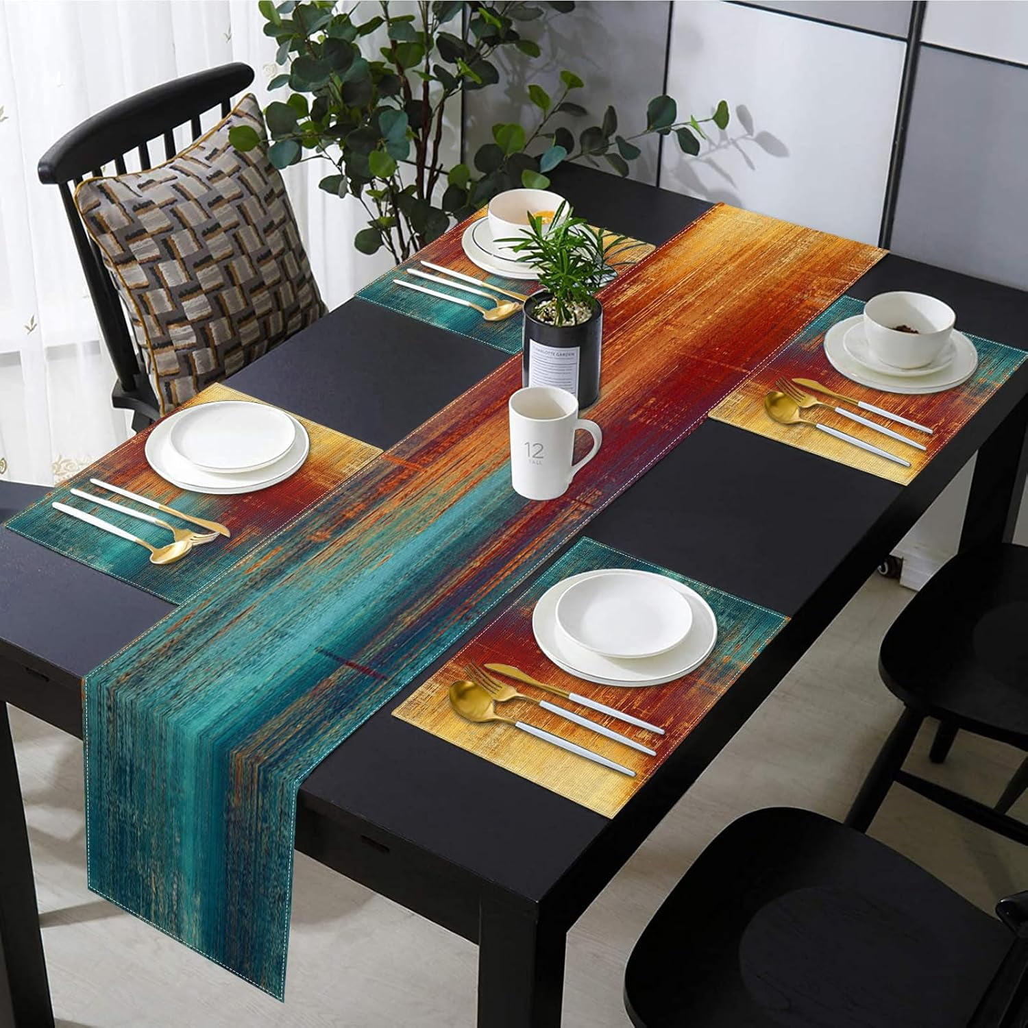 Blue Orange Table Runner and Placemats Set of 6, Vintage Abstract Messy Rust Painting Art Dining Decor for Daily Use(1 Table Runner 72 inches Long and 6 Placemats)