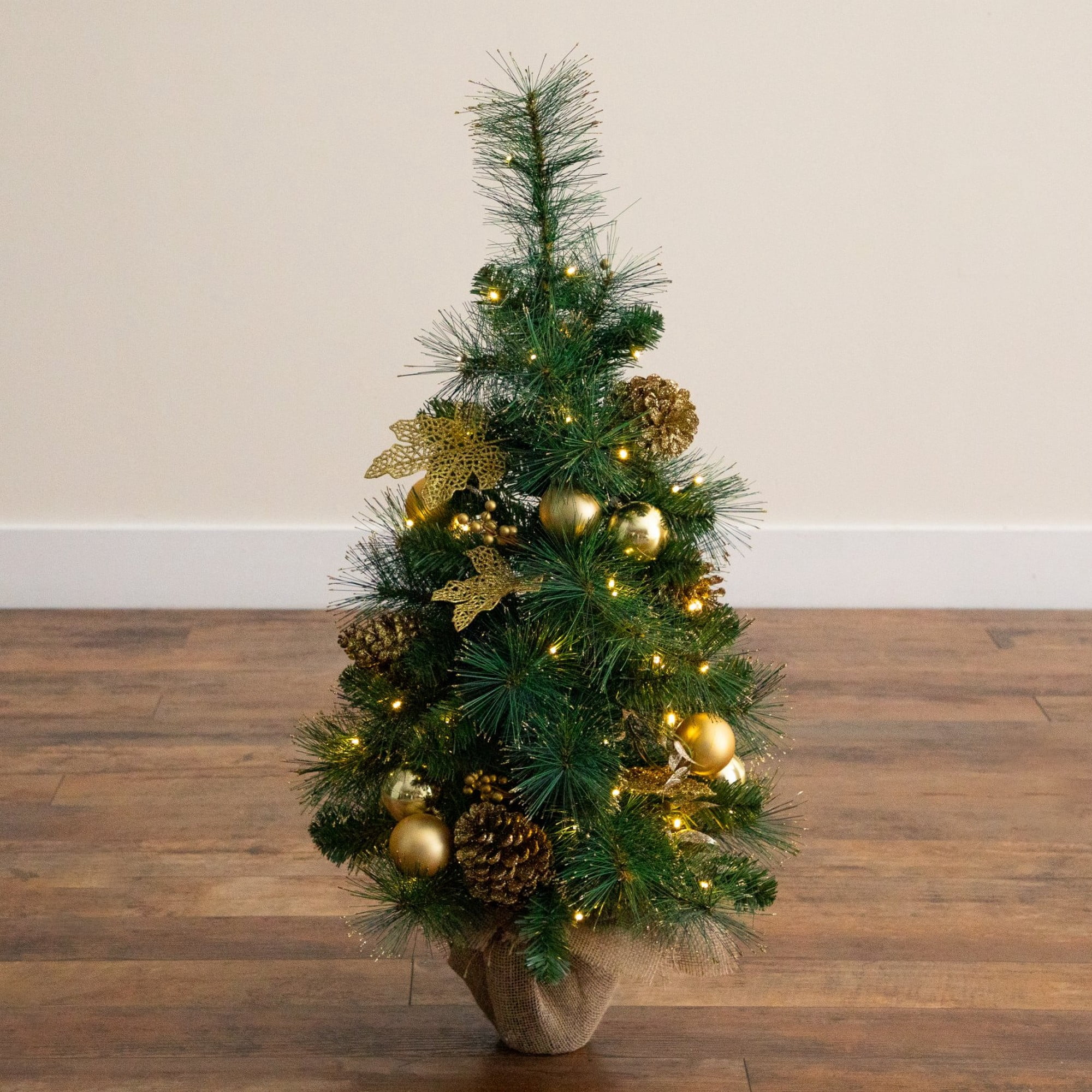 3ft. Artificial Pre-Lit Christmas Tree with Gold Ornaments & Pinecones and 50 LED Lights in Jute Wrapped Base
