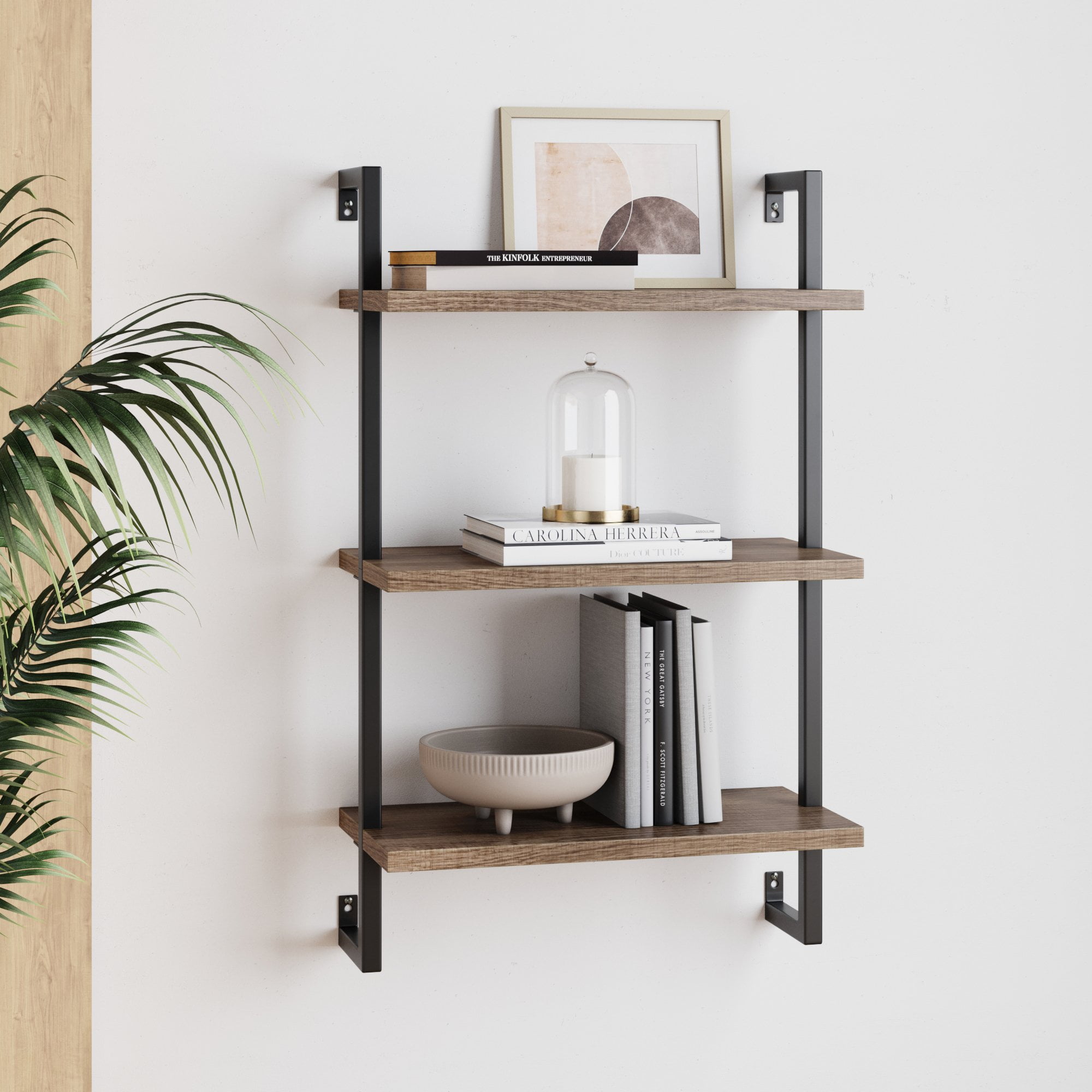 Nutmeg/Black Nathan James Theo 4-Shelf Bookcase Floating Wall Mount Shelves with Natural Wood and Industrial Pipe Metal Frame 