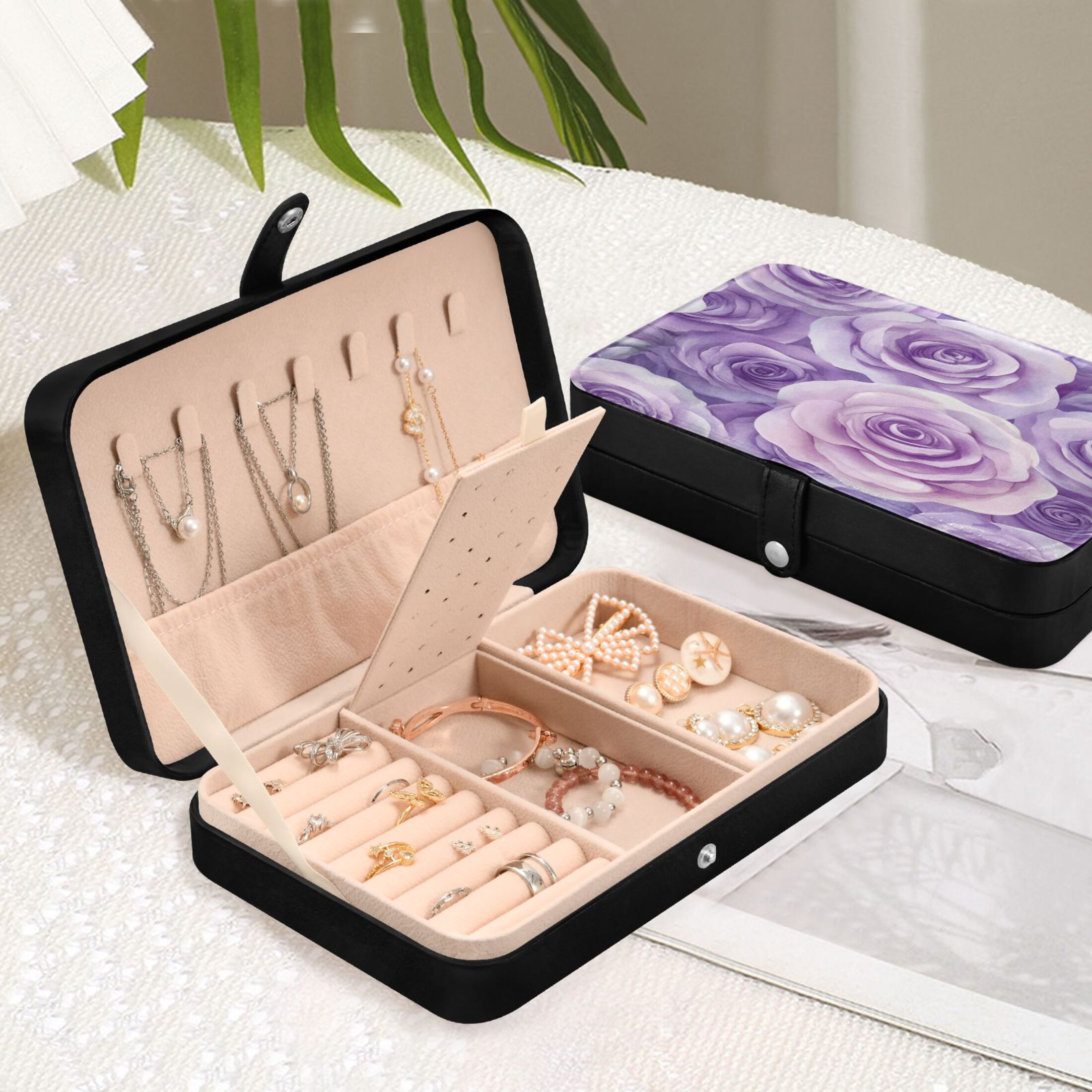 Leather Jewelry Box Rectangular 8.27x5.5x1.78In Travel Jewelry Storage Earrings Necklace Bracelet Watch Brooch Storage Purple Roses