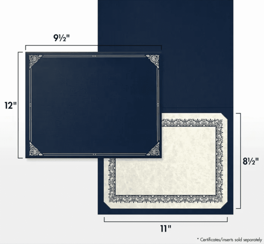 LUXPaper Certificate Holders for 8 1/2 x 11 Documents, 100 lb, Nautical Blue Linen, Silver Foil Floral Border, 25 Pack, Size 9 1/2 x 12