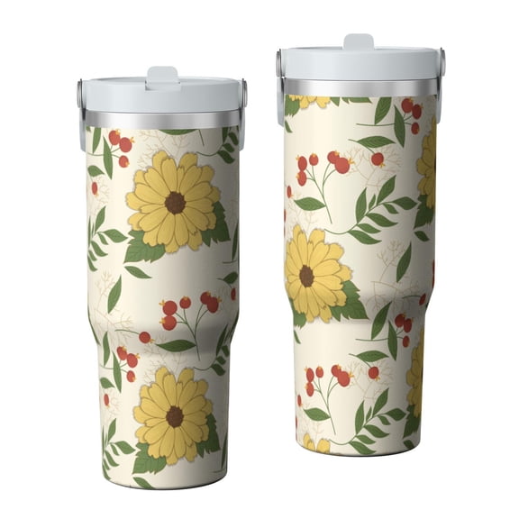 30oz Tumbler with Handle, Insulated Stainless Steel Cup with Flip Straw Lid, Leak-Proof & Cup Holder Friendly for Travel and Sports, Daisy Floral Print