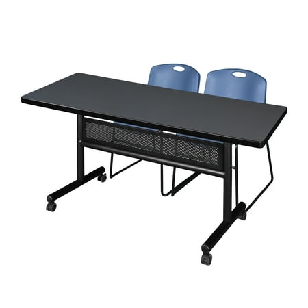 60" x 30" Flip Top Mobile Training Table with Modesty Panel- Grey and 2 Zeng Stack Chairs- Blue