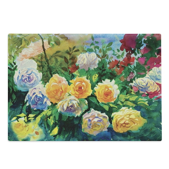 Watercolor Cutting Board, English Garden Painting with Colorful Roses and Other Flowers Print, Decorative Tempered Glass Cutting and Serving Board, in 3 Sizes, by Ambesonne