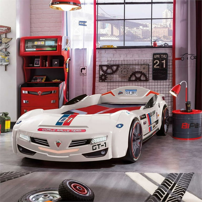 Cilek Kids Room GTS Biturbo Remote Control Wood Twin Race Car Bed in White