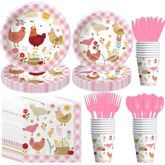 Chicken Party Decorations for Birthday Baby Shower, Farm Animal Barnyard Little Chick Birthday Party Supplies, Chicken Paper Plates and Napkins, Cups, Disposable Cutlery, 24 Guests
