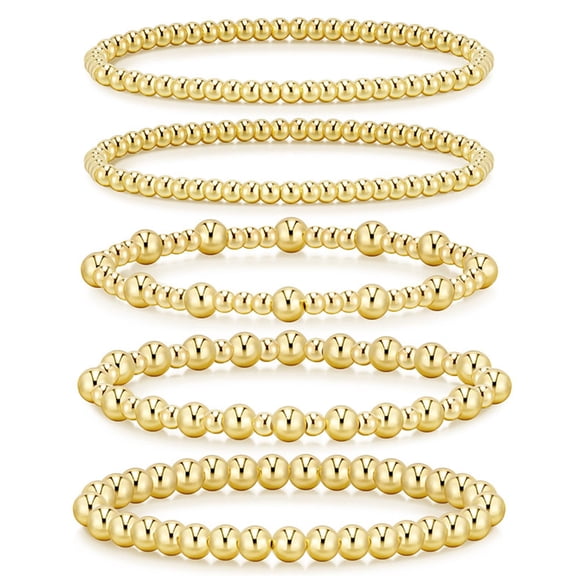 OnlyUnique 5Pcs Gold Beaded Bracelet Set for Women, 14K Gold Plated Strand Stretch Bead Ball Bracelet Jewelry Gifts
