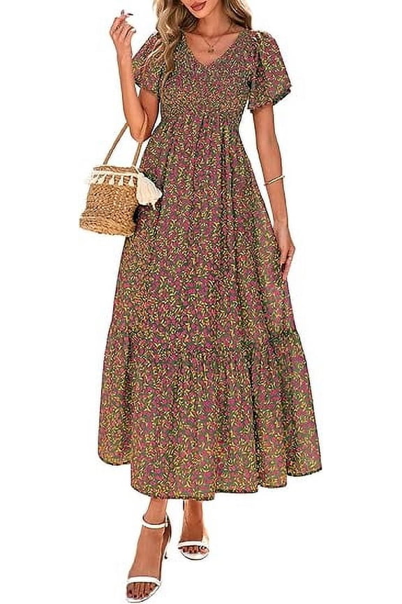 Women Floral Boho Maxi Dresses Summer Short Sleeve V Neck Smocked A Line Long Flowy Beach