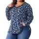 thumbnail image 4 of Blusas de mujer de talla grande Agnes Orinda con estampado floral, camiseta de manga larga con escote en V y volantes, 4X azul marino, 4 of 6