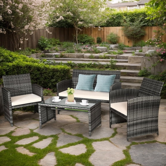 YYAo 4 Piece Outdoor Patio Furniture Sets Wicker Conversation Sets, Rattan Sofa Chair with Cushion for Backyard Lawn Garden