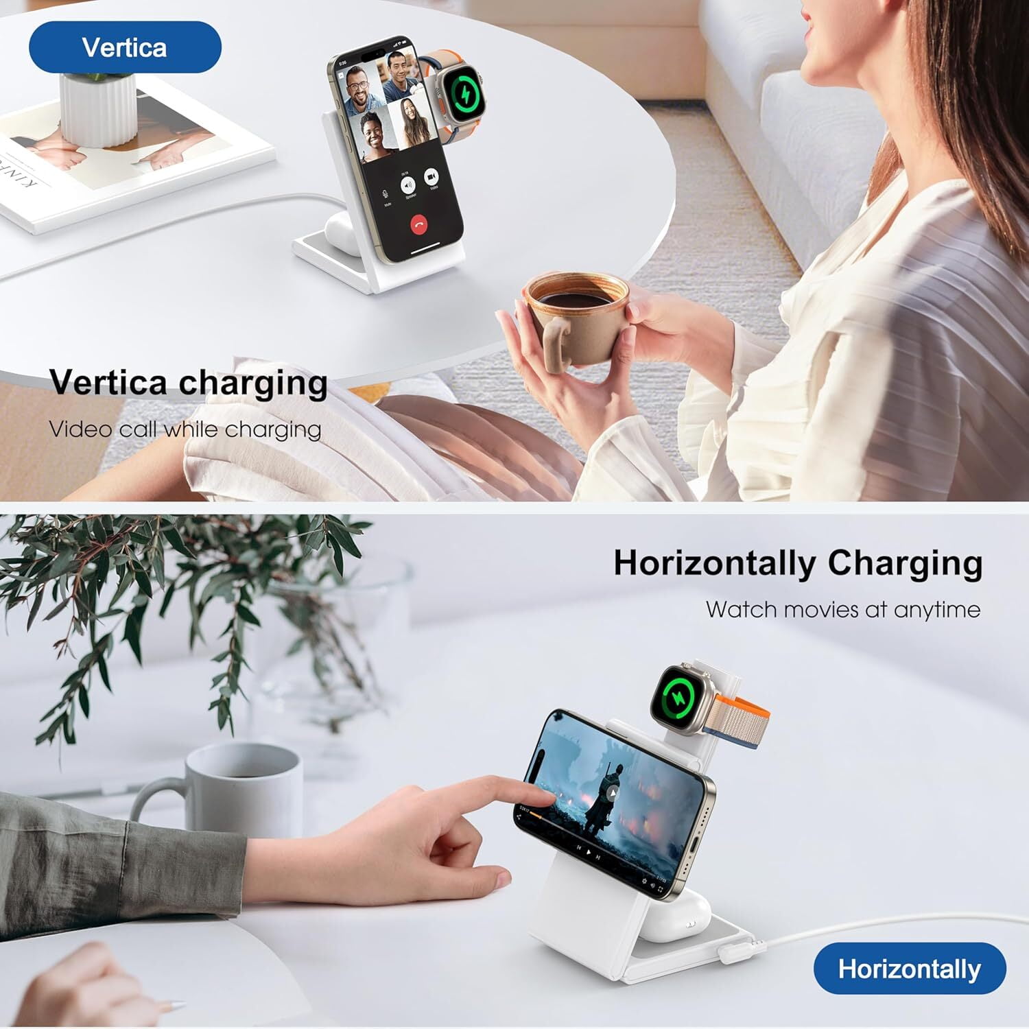FungLam 3-IN-1 Fast Wireless Charger Station Foldable For Apple Watch & iPhone 17 16 15 14 13 12 11 X Pro Max - Fast Charging Dock Compatible for Apple Watch & AirPods 4 3 Pro White