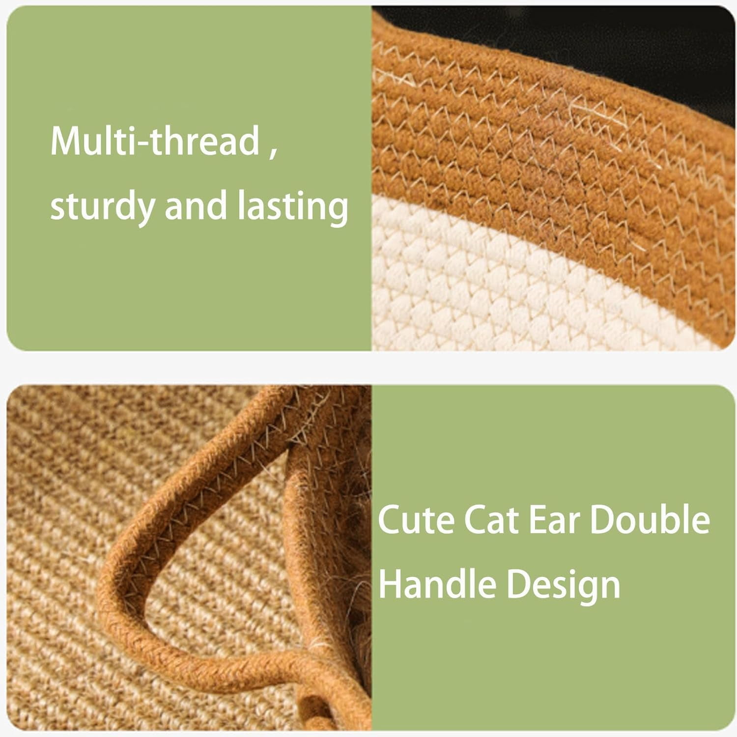 Handwoven Cat Basket Bed with Handles and Toy Ball, Cotton Rope Foldable Sleeping Basket for Indoor Cats, Scratchable Interactive Pet Nest for Cats All-Season, Breathable Weave (Small,Brown)