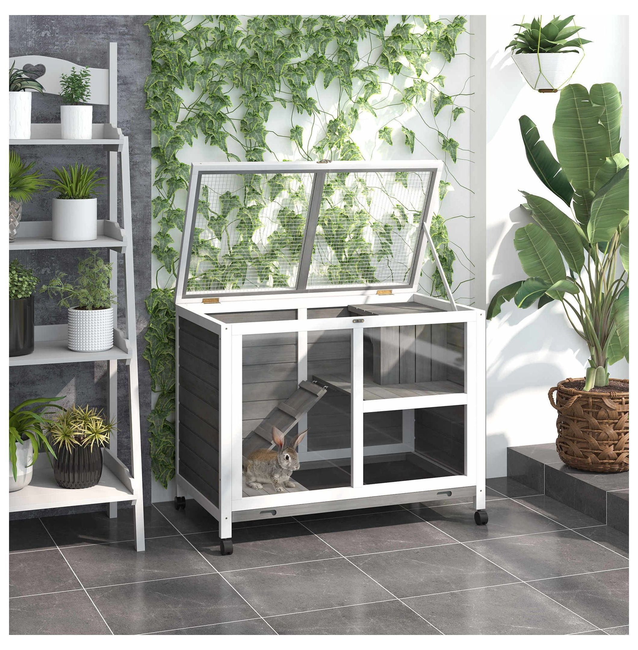 2-Story Bunny Hutch Indoor, Wooden Guinea Pig Cage with Wheels & Lockable Doors - Gray Rabbit Habitat for Small Pets