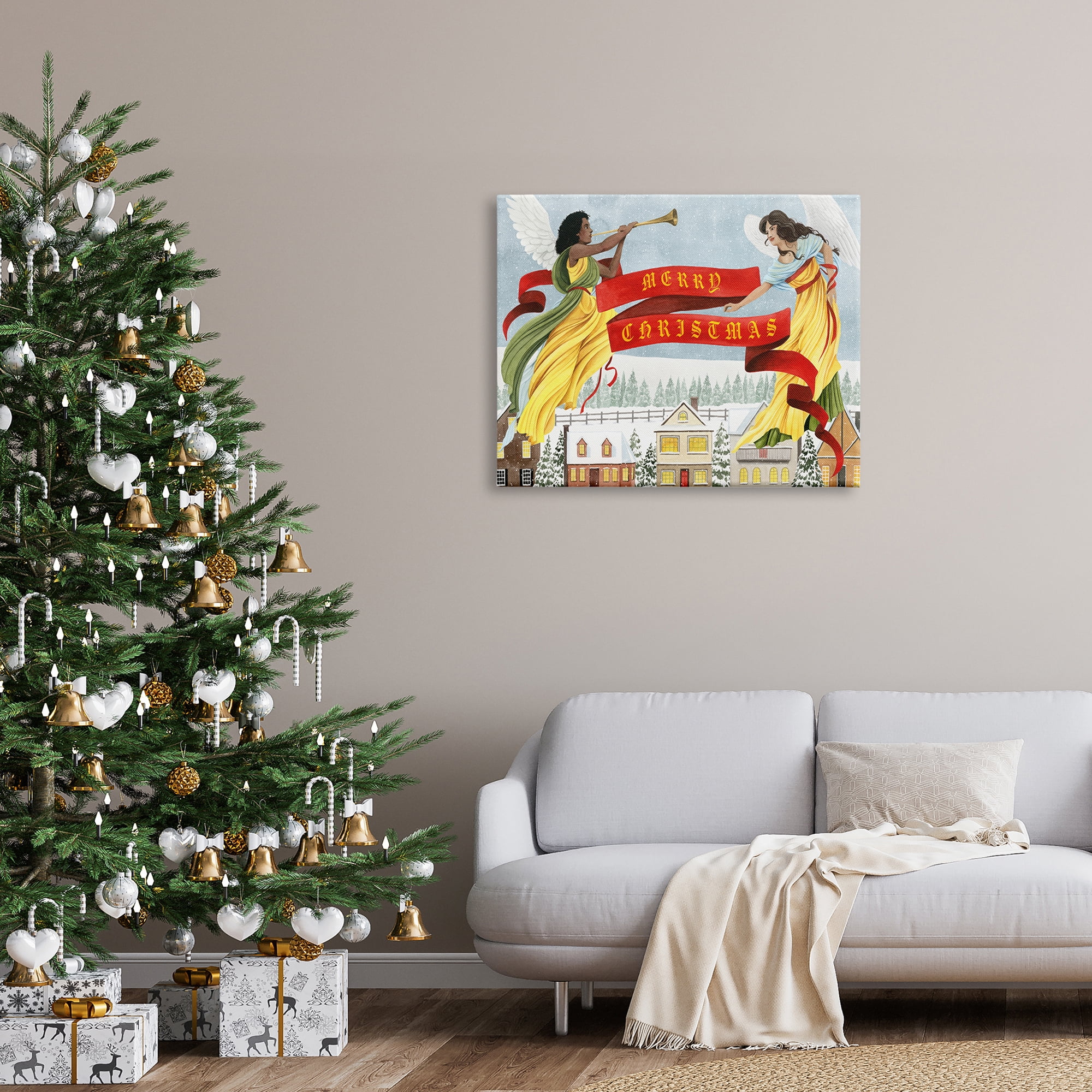 Herald Angels Christmas Banner Above Wintery Town Inspirational Graphic Art Gallery-Wrapped Canvas Print Wall Art