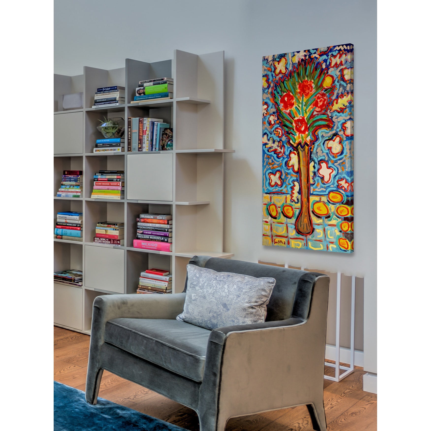 MARMONT HILL  - 'Roses in Long Vase' by Michael Woodward Painting Print on Canvas - Multi-Color 12 x 24