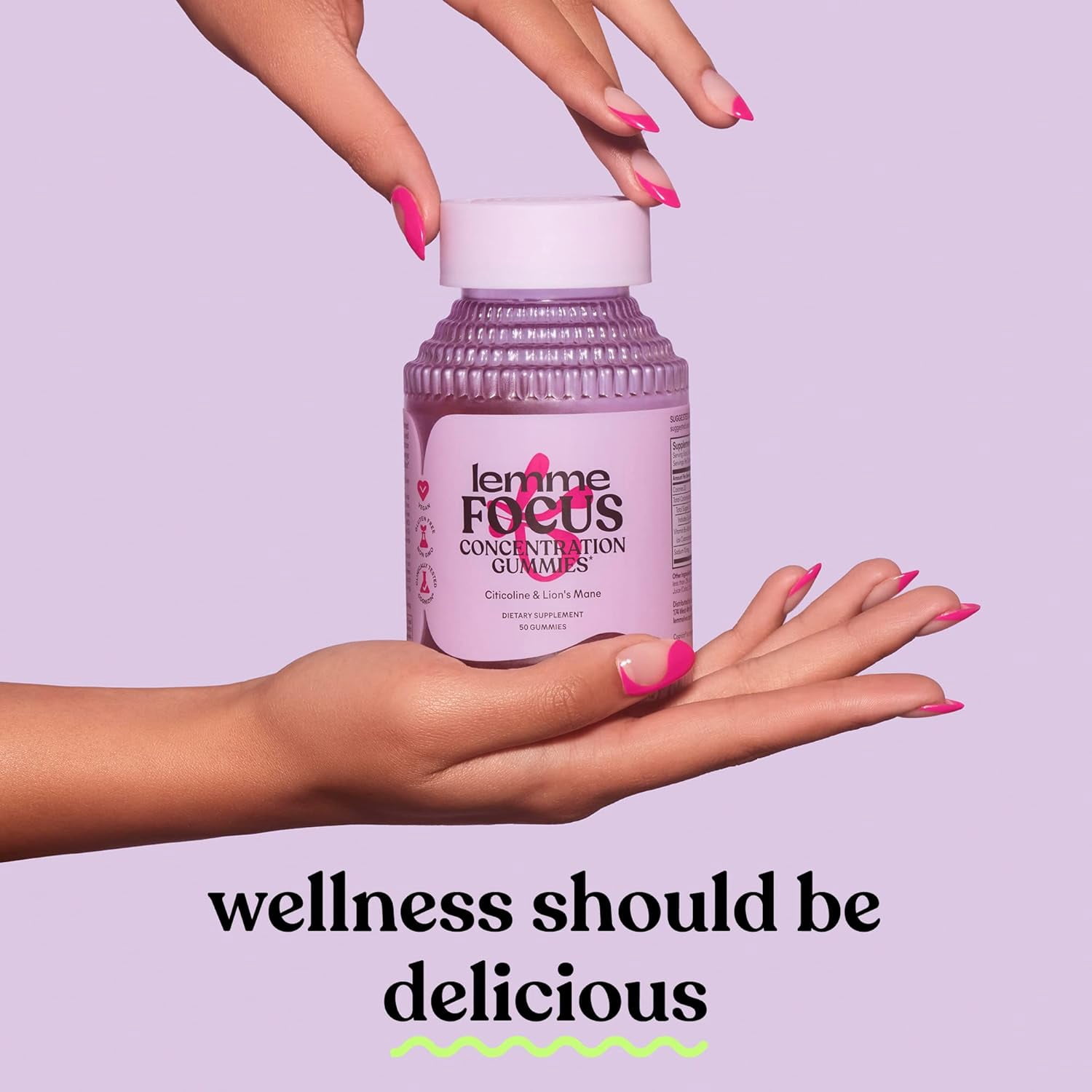 Lemme Focus Concentration & Brain Health Gummies with Cognizin Citicoline, Lion's Mane Mushroom, Vitamin B12, Caffeine Free, Strawberry - 50 Count