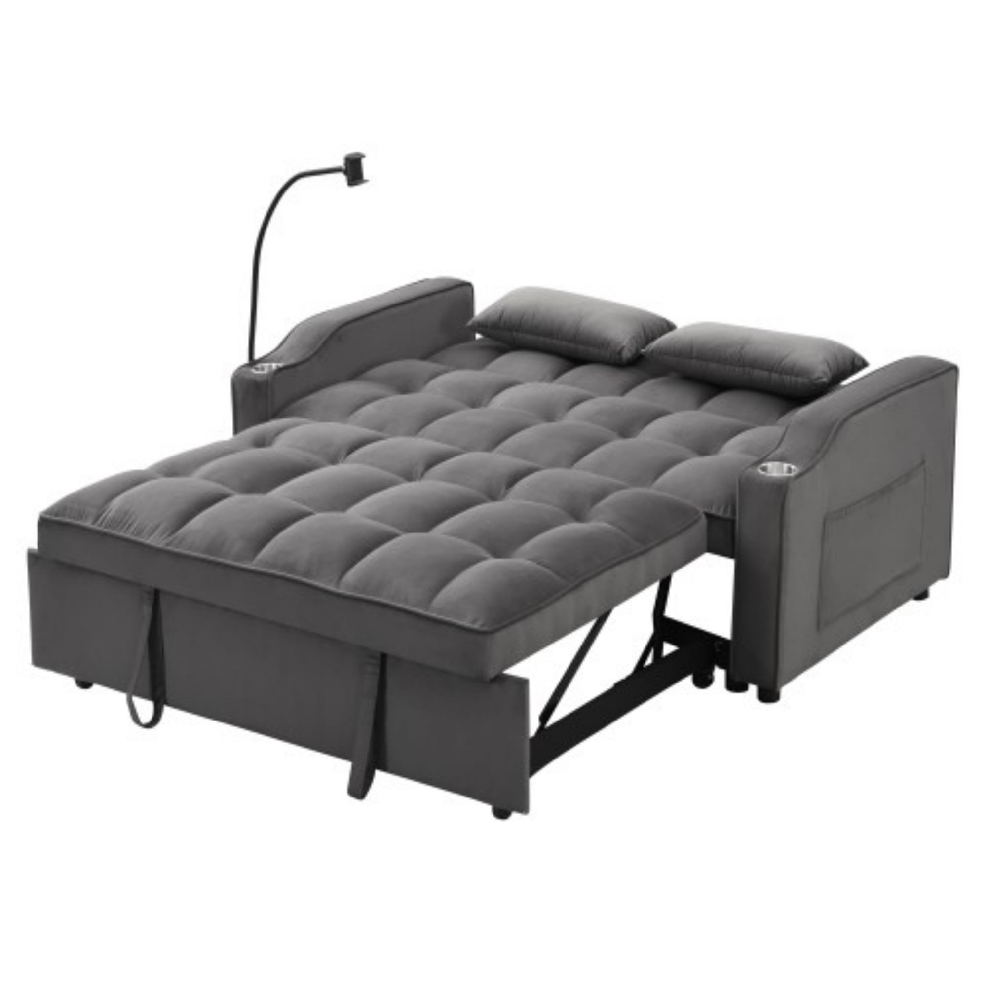 Velvet Loveseat Sofa Bed, 3-in-1 Convertible Sleeper Couch with USB Ports, Phone Holder & Pullout Bed, Dark Gray