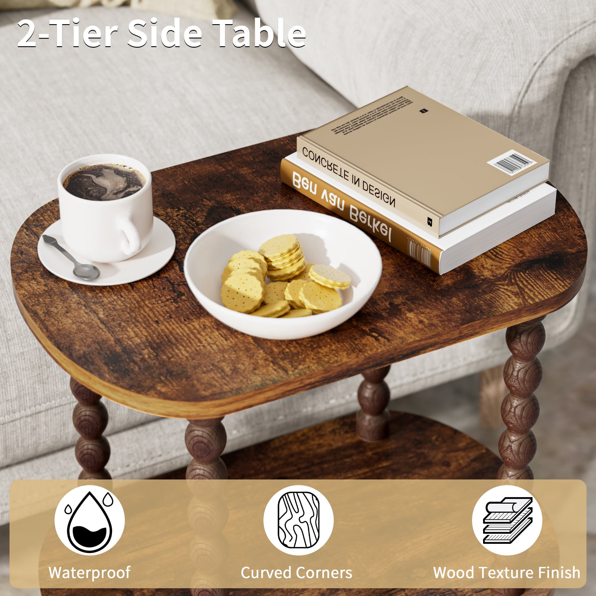 Gijjgole End Table, Modern Side Table with 2 Tier Open Shelf, Small Table Bed Side Tables Bedroom for Small Spaces, Living Room and Office (Rustic Brown)