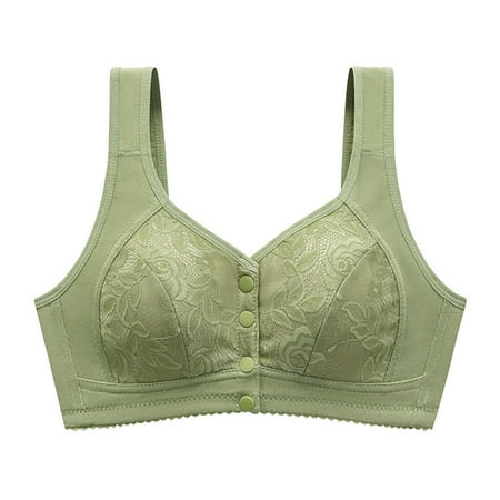 TrendVibe365 Wireless Bras with Support and Lift Womens Plus Size Lace Wirefree Push up Bralettes Padded Button Front Clasp Wide Strap Corset Bra Full Coverage Crop Tank Top Comfort Underwear Green