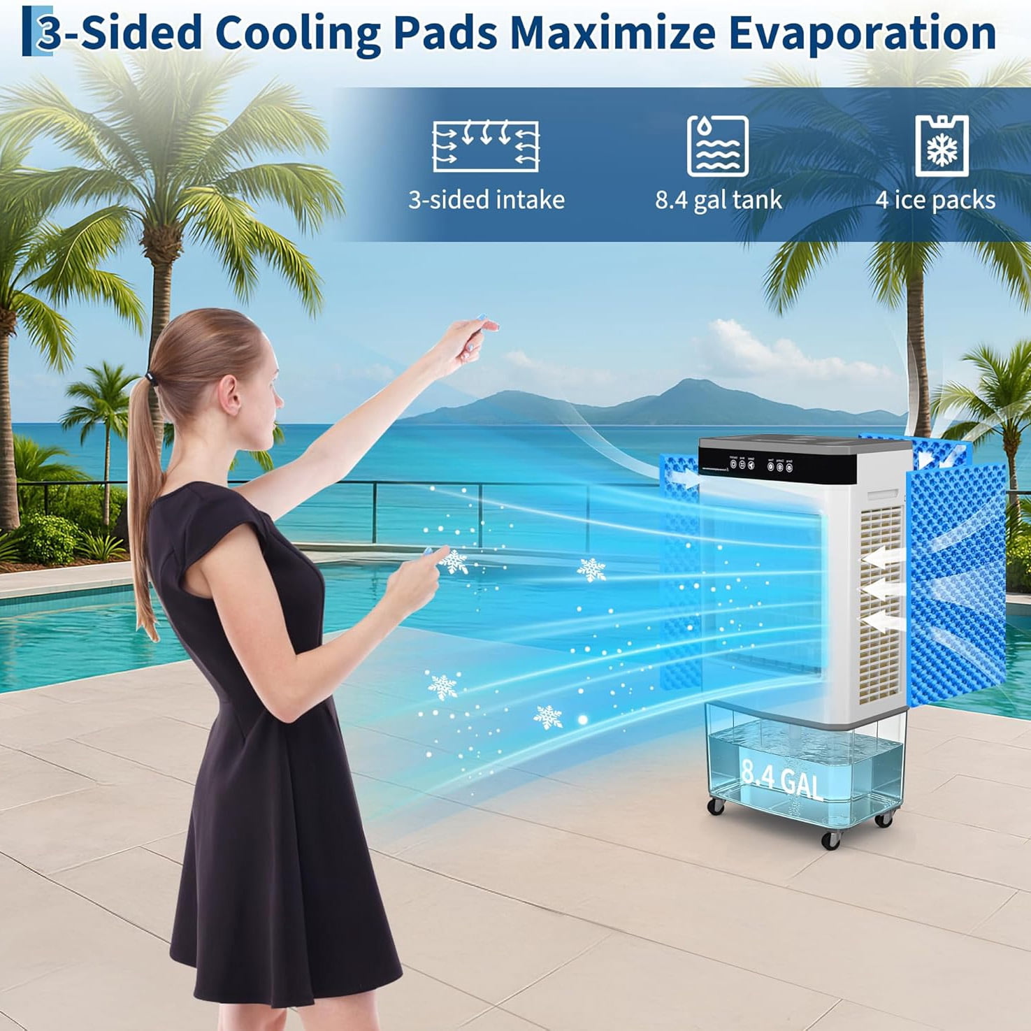 Memoryfield 3000 CFM Evaporative Air Cooler with 8.4 Gal Water Tank, 4 Ice Packs, Portable Cooling Fan for Garage & Workshop