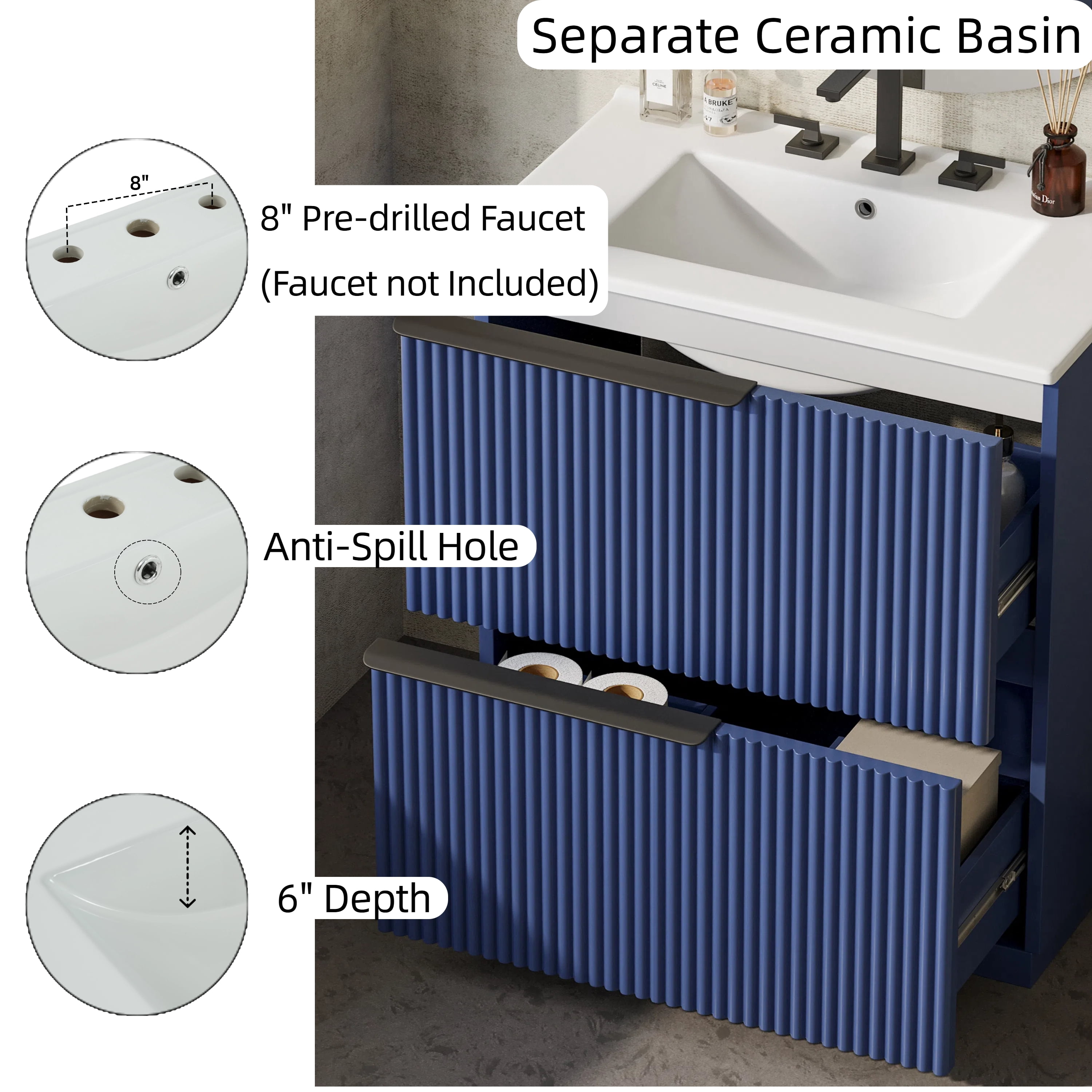 30" Bathroom Vanity with Ceramic Sink and Full-Extension Drawers, Freestanding Bathroom Vanity with Soft Close Drawer Slides, Fluted Design, Blue
