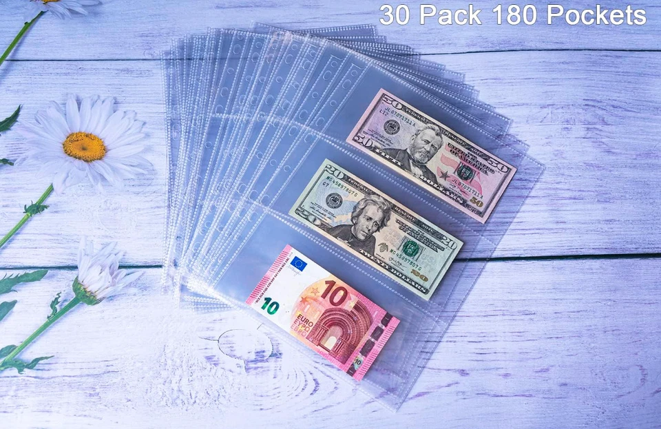 CRESTIN- 30 Sheets Currency Pages 3 Pockets Paper Money Protectors For 3 Ring Binders