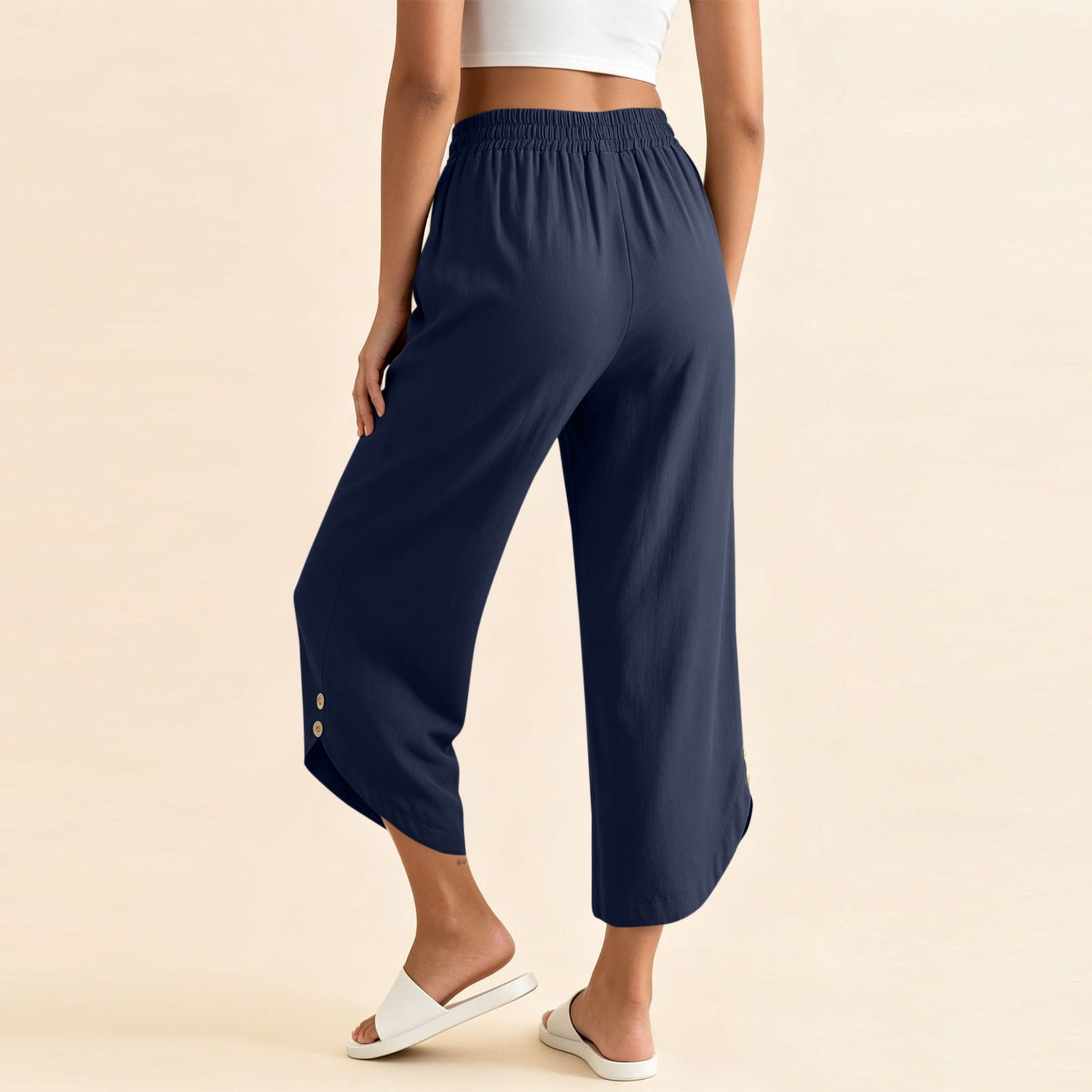 Womens Cotton Capri Pants Tulip Petal Hem High Waisted Wide Leg
