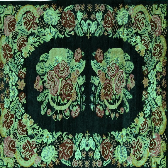 Ahgly Company Machine Washable Indoor Square Medallion Turquoise Blue French Area Rugs, 8' Square