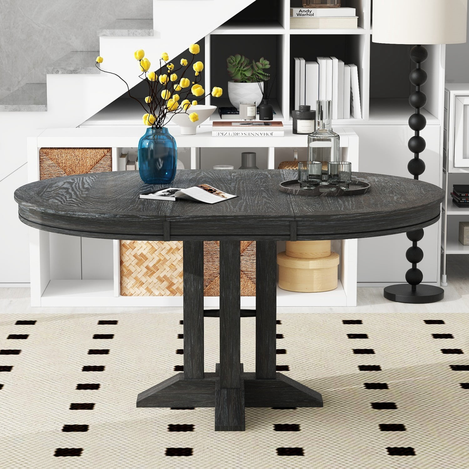 Extendable Round Dining Table, Farmhouse Kitchen Table with Oak Veneer Top & Solid Wood Base, Convertible Oval Dining Table for 4-6 People, Black
