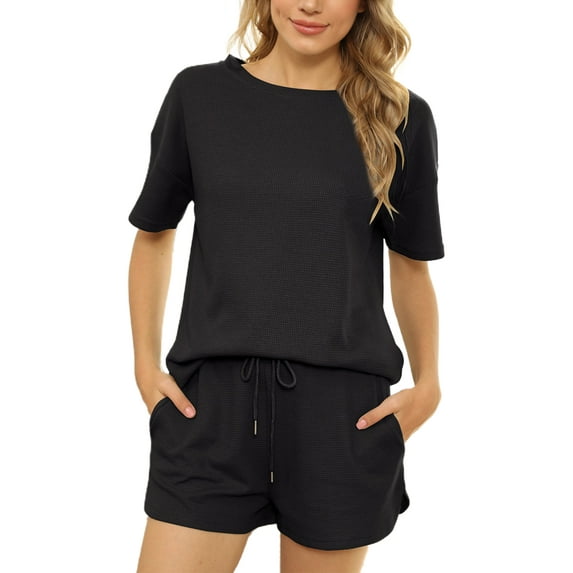 Hanerdun Women Solid Loungewear Pajamas Set Female 2 Pieces Short Sleeve Nightwear Sleepwear PJ Sets Black L