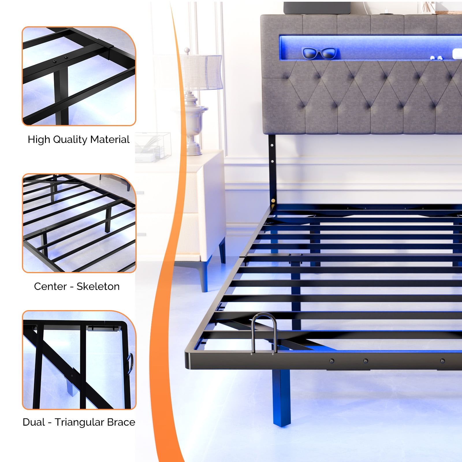 Zimtown Floating Bed Frame Twin Size Metal Platform Bed for Bedroom, No Box Spring Needed, Gray