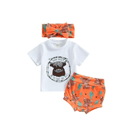 

jaweiwi Baby Toddler Girls Shorts OutfitsSet 0 6M 12M 18M 24M Short Sleeve Letters Print T-shirt with Bull/Horse Print Shorts and Hairband