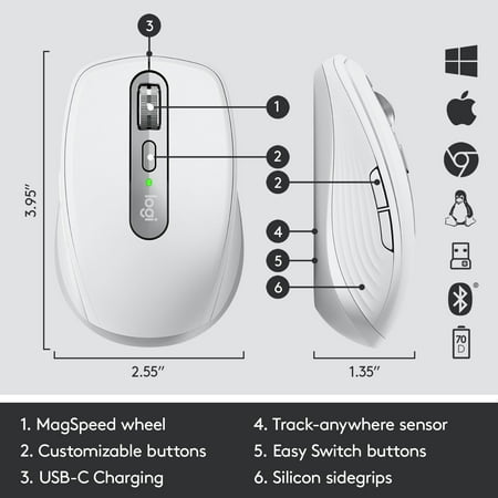 Logitech - MX Anywhere 3 Wireless Bluetooth Fast Scrolling Mouse with Customizable Buttons - Pale Gray
