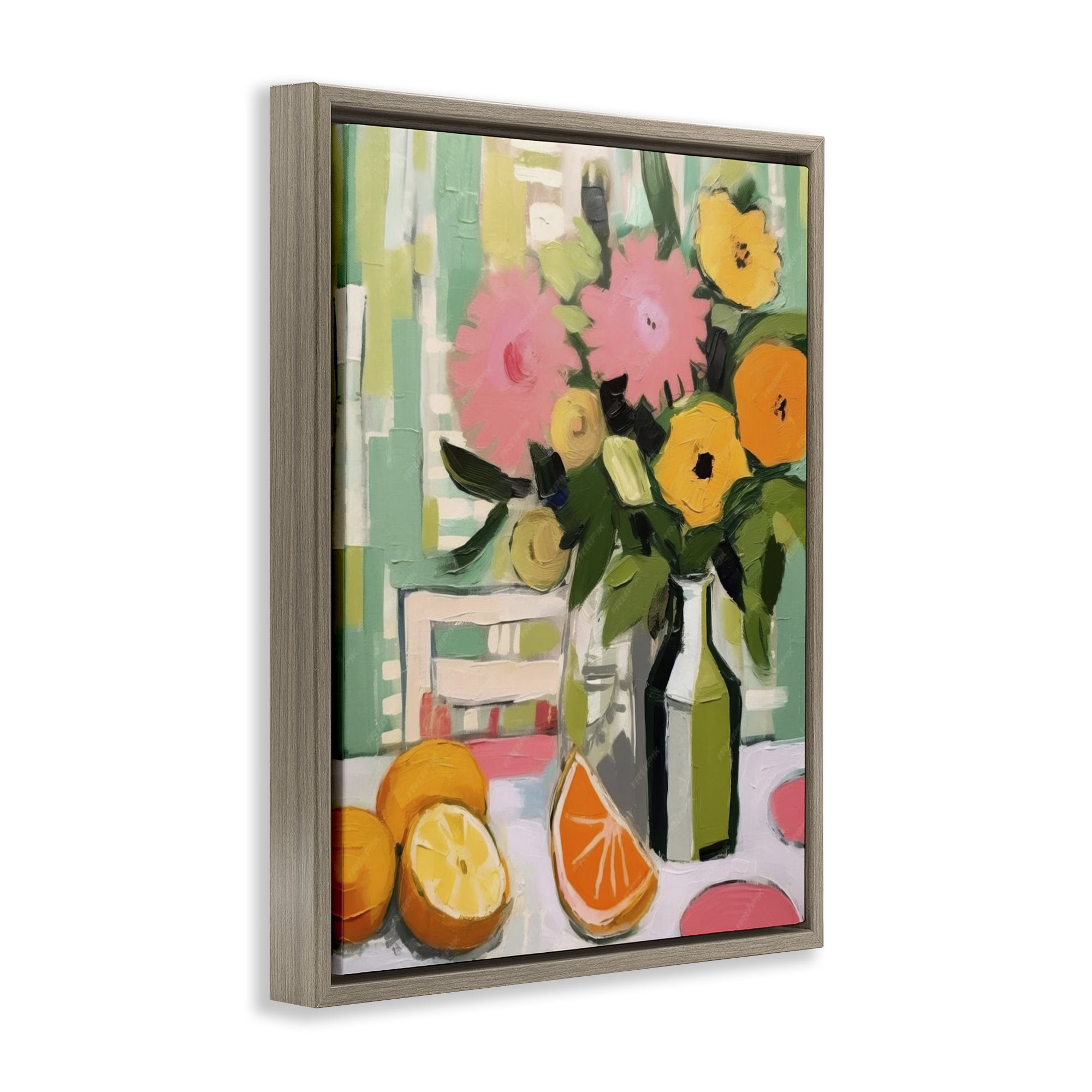 Stupell Industries Citrus Slices & Bouquet Food & Beverage Painting Brown Floater Framed Canvas Art Print Wall Art, 25 x 31